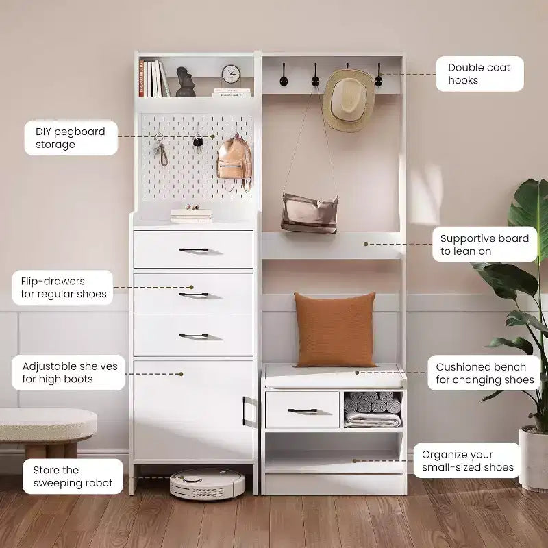 Arbre d'entrée 7-en-1 avec rangement de chaussures caché, banc d'entrée avec porte-manteau et panneau perforé, porte-manteau avec banc de rangement pour vestiaire