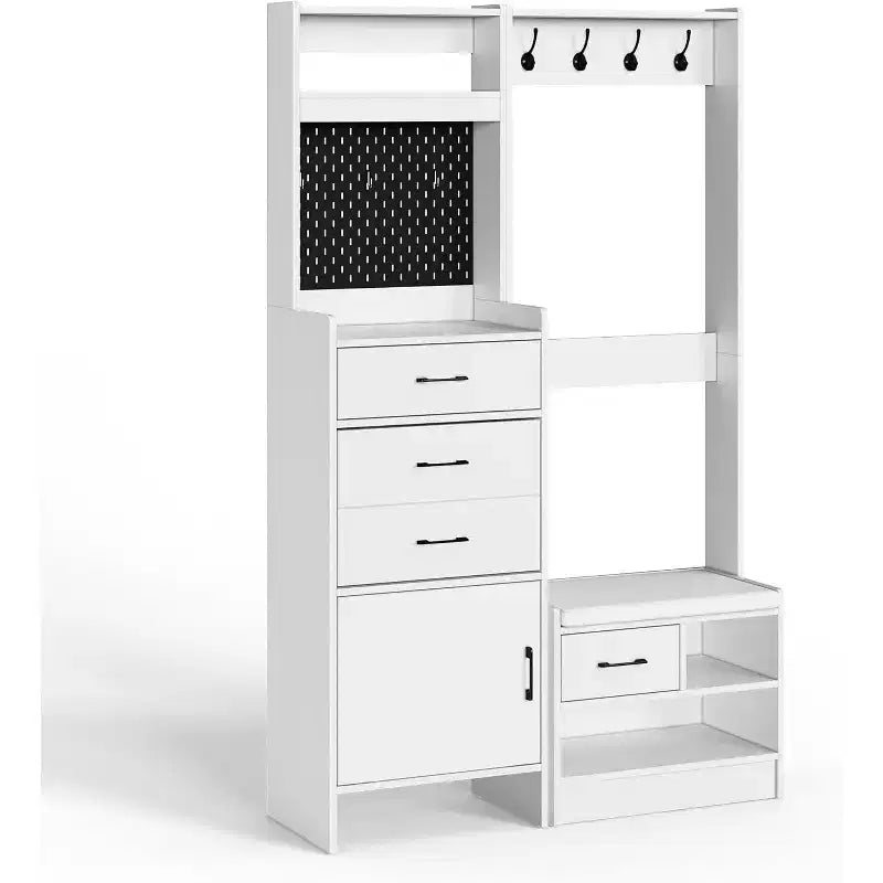 Arbre d'entrée 7-en-1 avec rangement de chaussures caché, banc d'entrée avec porte-manteau et panneau perforé, porte-manteau avec banc de rangement pour vestiaire