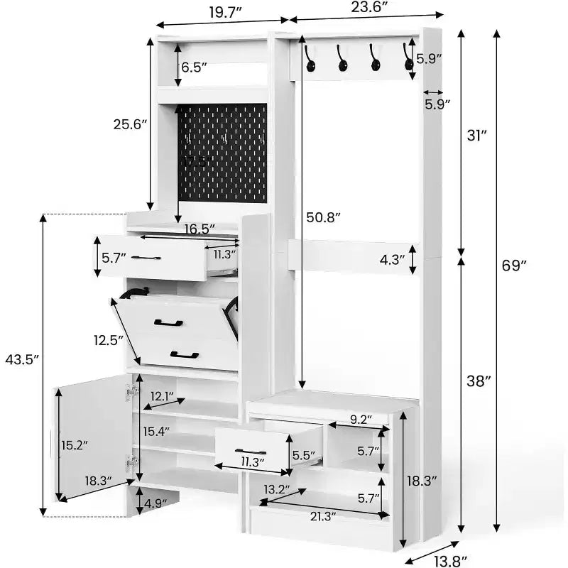 Arbre d'entrée 7-en-1 avec rangement de chaussures caché, banc d'entrée avec porte-manteau et panneau perforé, porte-manteau avec banc de rangement pour vestiaire