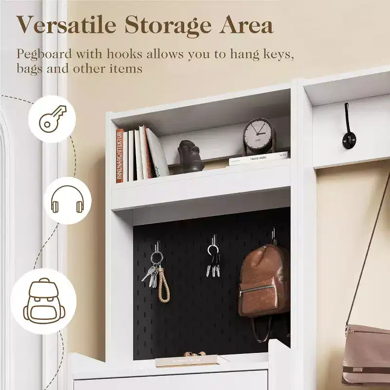 Arbre d'entrée 7-en-1 avec rangement de chaussures caché, banc d'entrée avec porte-manteau et panneau perforé, porte-manteau avec banc de rangement pour vestiaire