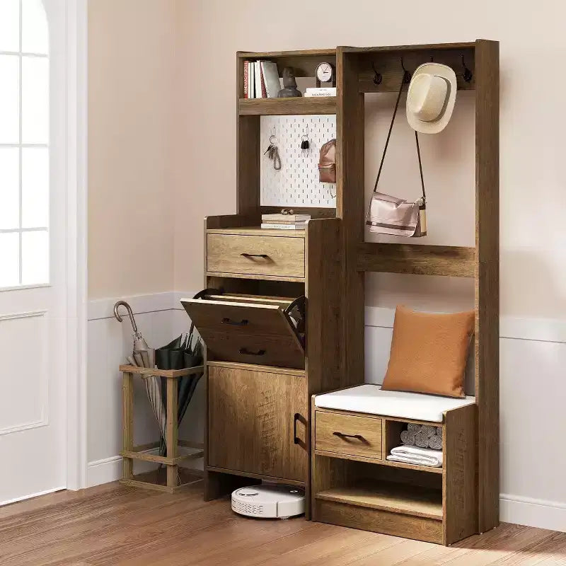 Arbre d'entrée 7-en-1 avec rangement de chaussures caché, banc d'entrée avec porte-manteau et panneau perforé, porte-manteau avec banc de rangement pour vestiaire