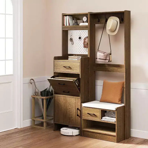 Arbre d'entrée 7-en-1 avec rangement de chaussures caché, banc d'entrée avec porte-manteau et panneau perforé, porte-manteau avec banc de rangement pour vestiaire