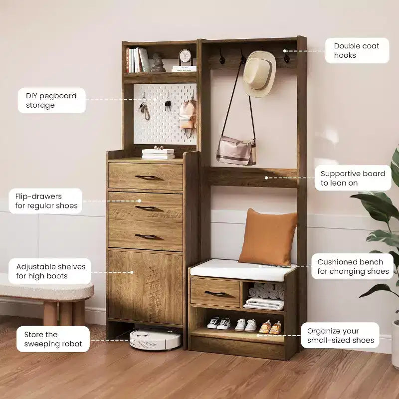 Arbre d'entrée 7-en-1 avec rangement de chaussures caché, banc d'entrée avec porte-manteau et panneau perforé, porte-manteau avec banc de rangement pour vestiaire