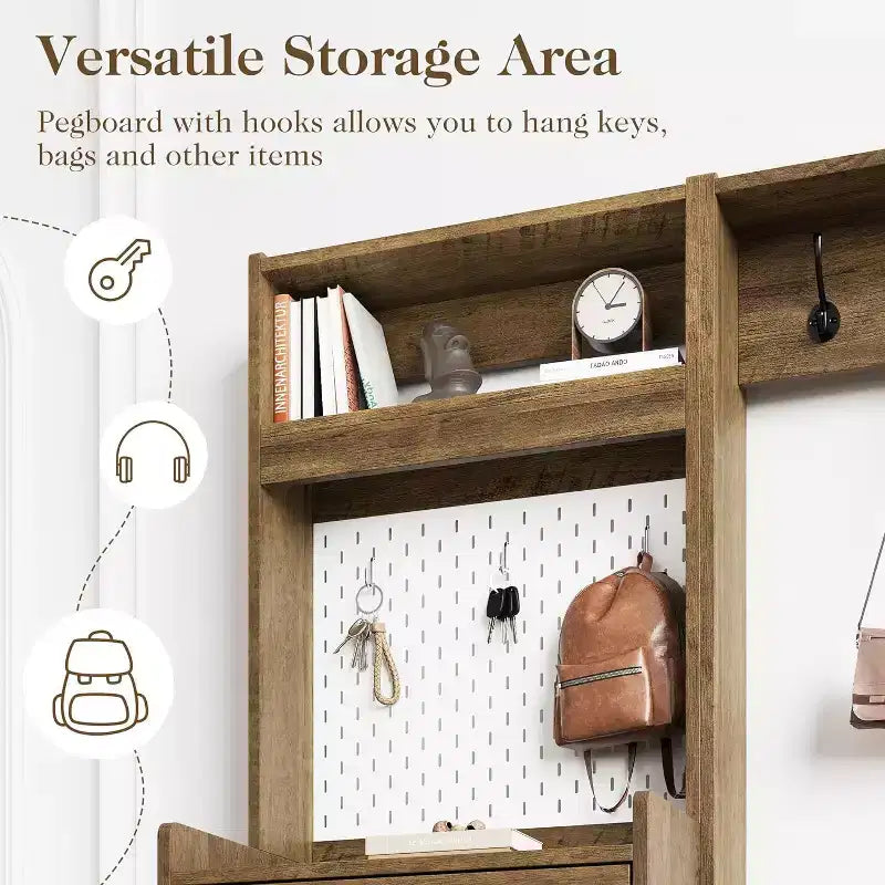 Arbre d'entrée 7-en-1 avec rangement de chaussures caché, banc d'entrée avec porte-manteau et panneau perforé, porte-manteau avec banc de rangement pour vestiaire