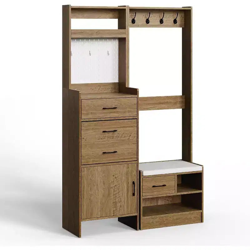 Arbre d'entrée 7-en-1 avec rangement de chaussures caché, banc d'entrée avec porte-manteau et panneau perforé, porte-manteau avec banc de rangement pour vestiaire