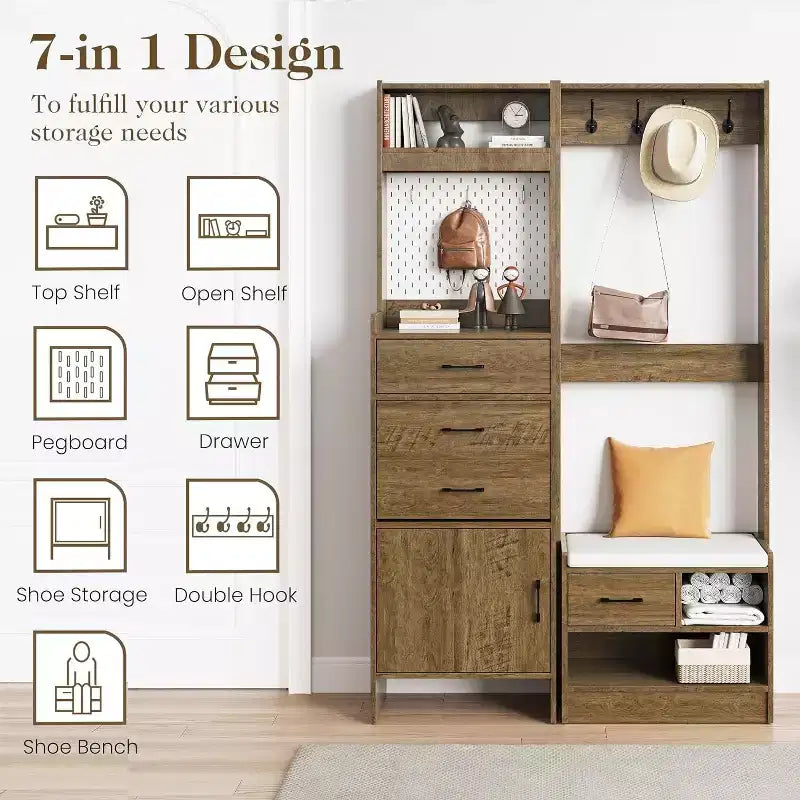 Arbre d'entrée 7-en-1 avec rangement de chaussures caché, banc d'entrée avec porte-manteau et panneau perforé, porte-manteau avec banc de rangement pour vestiaire