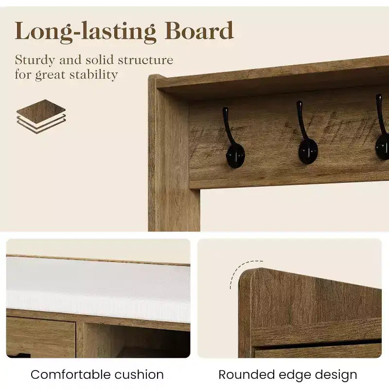 Arbre d'entrée 7-en-1 avec rangement de chaussures caché, banc d'entrée avec porte-manteau et panneau perforé, porte-manteau avec banc de rangement pour vestiaire