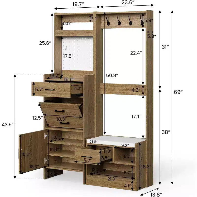 Arbre d'entrée 7-en-1 avec rangement de chaussures caché, banc d'entrée avec porte-manteau et panneau perforé, porte-manteau avec banc de rangement pour vestiaire