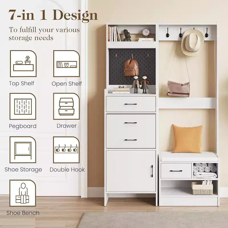 Arbre d'entrée 7-en-1 avec rangement de chaussures caché, banc d'entrée avec porte-manteau et panneau perforé, porte-manteau avec banc de rangement pour vestiaire