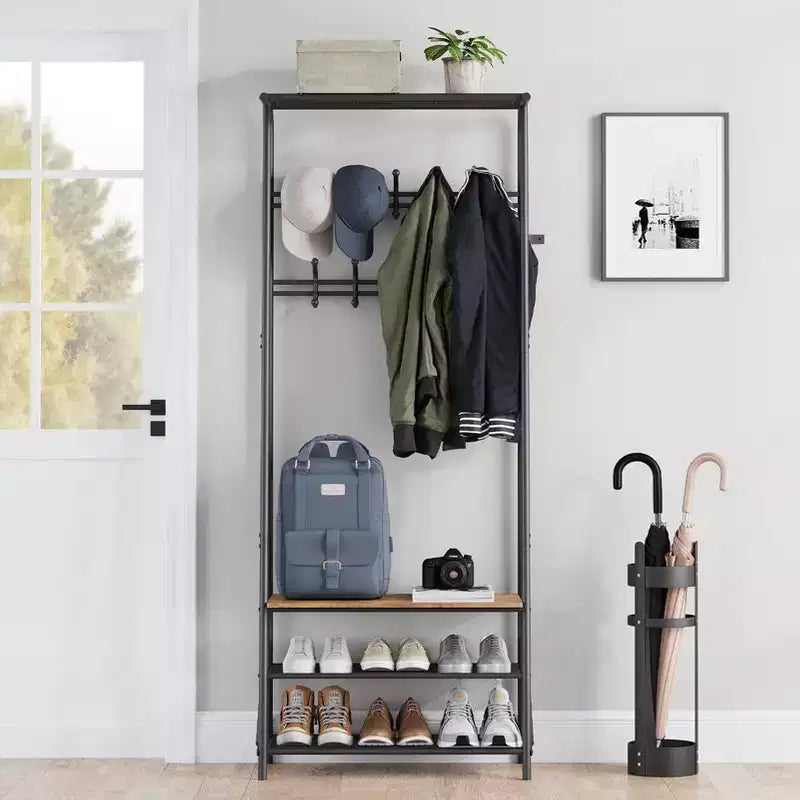 Porte-manteau, Meuble d'entrée 4 en 1, Banc à chaussures et Portant avec cadre en métal, Étagère à 3 niveaux et 10 crochets pour Entrée, Couloir, Chambre à coucher