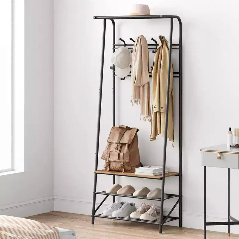 Porte-manteau, Meuble d'entrée 4 en 1, Banc à chaussures et Portant avec cadre en métal, Étagère à 3 niveaux et 10 crochets pour Entrée, Couloir, Chambre à coucher