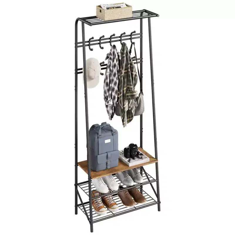 Porte-manteau, Meuble d'entrée 4 en 1, Banc à chaussures et Portant avec cadre en métal, Étagère à 3 niveaux et 10 crochets pour Entrée, Couloir, Chambre à coucher