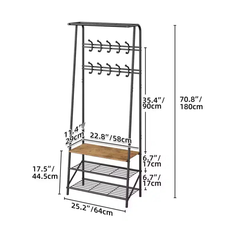 Porte-manteau, Meuble d'entrée 4 en 1, Banc à chaussures et Portant avec cadre en métal, Étagère à 3 niveaux et 10 crochets pour Entrée, Couloir, Chambre à coucher