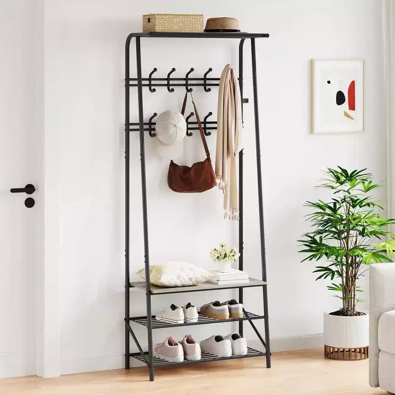 Porte-manteau, Meuble d'entrée 4 en 1, Banc à chaussures et Portant avec cadre en métal, Étagère à 3 niveaux et 10 crochets pour Entrée, Couloir, Chambre à coucher