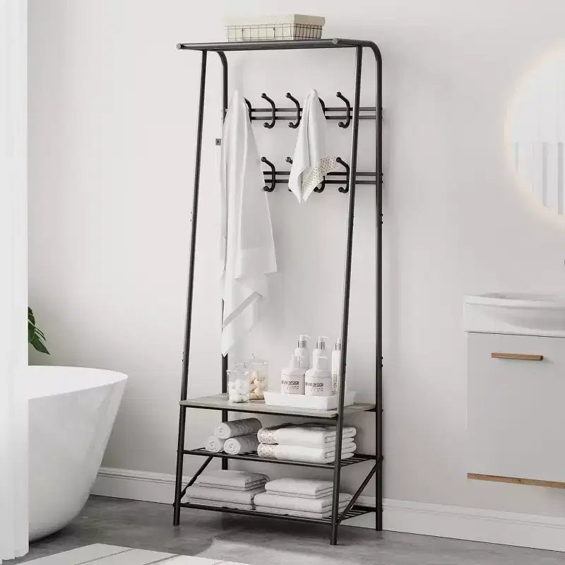 Porte-manteau, Meuble d'entrée 4 en 1, Banc à chaussures et Portant avec cadre en métal, Étagère à 3 niveaux et 10 crochets pour Entrée, Couloir, Chambre à coucher