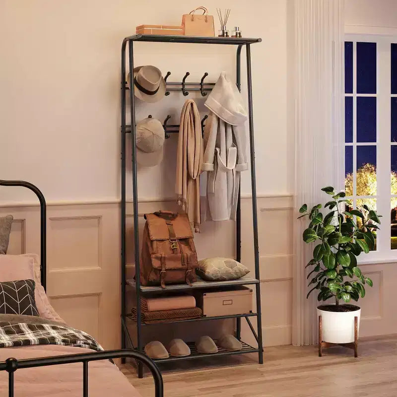 Porte-manteau, Meuble d'entrée 4 en 1, Banc à chaussures et Portant avec cadre en métal, Étagère à 3 niveaux et 10 crochets pour Entrée, Couloir, Chambre à coucher