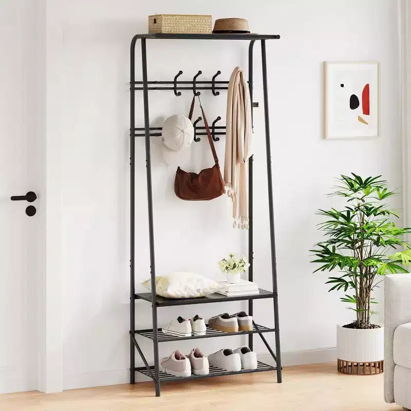 Porte-manteau, Meuble d'entrée 4 en 1, Banc à chaussures et Portant avec cadre en métal, Étagère à 3 niveaux et 10 crochets pour Entrée, Couloir, Chambre à coucher