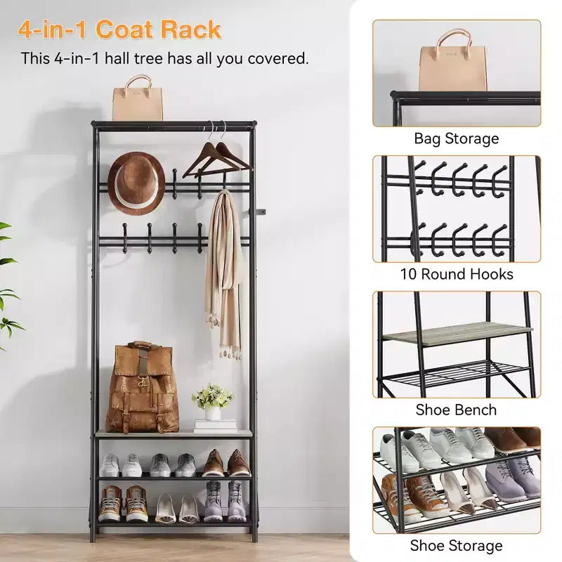Porte-manteau, Meuble d'entrée 4 en 1, Banc à chaussures et Portant avec cadre en métal, Étagère à 3 niveaux et 10 crochets pour Entrée, Couloir, Chambre à coucher