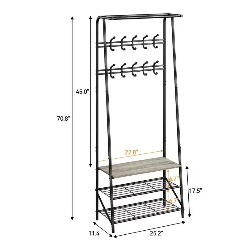 Porte-manteau, Meuble d'entrée 4 en 1, Banc à chaussures et Portant avec cadre en métal, Étagère à 3 niveaux et 10 crochets pour Entrée, Couloir, Chambre à coucher