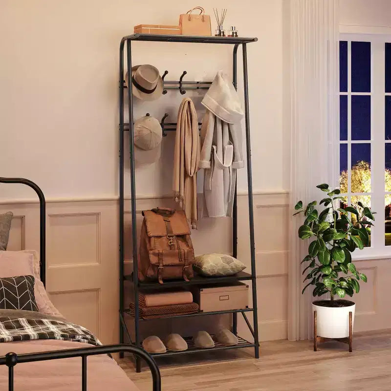 Porte-manteau, Meuble d'entrée 4 en 1, Banc à chaussures et Portant avec cadre en métal, Étagère à 3 niveaux et 10 crochets pour Entrée, Couloir, Chambre à coucher