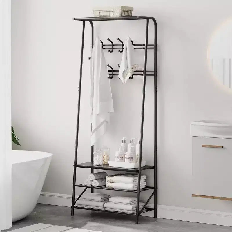 Porte-manteau, Meuble d'entrée 4 en 1, Banc à chaussures et Portant avec cadre en métal, Étagère à 3 niveaux et 10 crochets pour Entrée, Couloir, Chambre à coucher