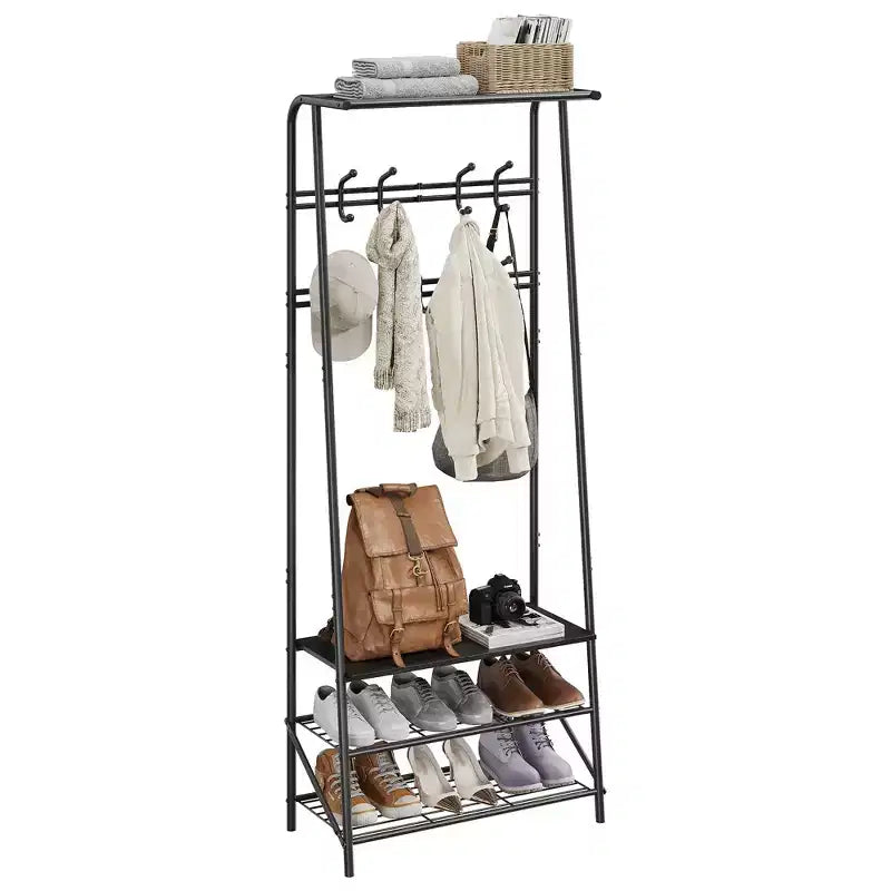 Porte-manteau, Meuble d'entrée 4 en 1, Banc à chaussures et Portant avec cadre en métal, Étagère à 3 niveaux et 10 crochets pour Entrée, Couloir, Chambre à coucher