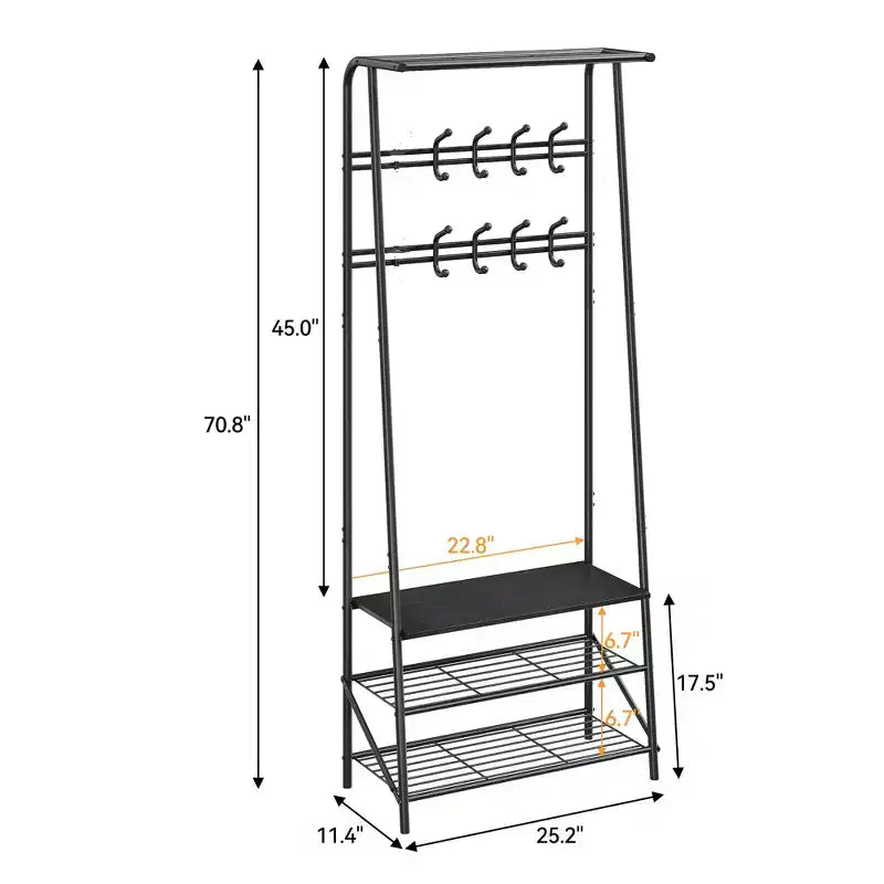 Porte-manteau, Meuble d'entrée 4 en 1, Banc à chaussures et Portant avec cadre en métal, Étagère à 3 niveaux et 10 crochets pour Entrée, Couloir, Chambre à coucher