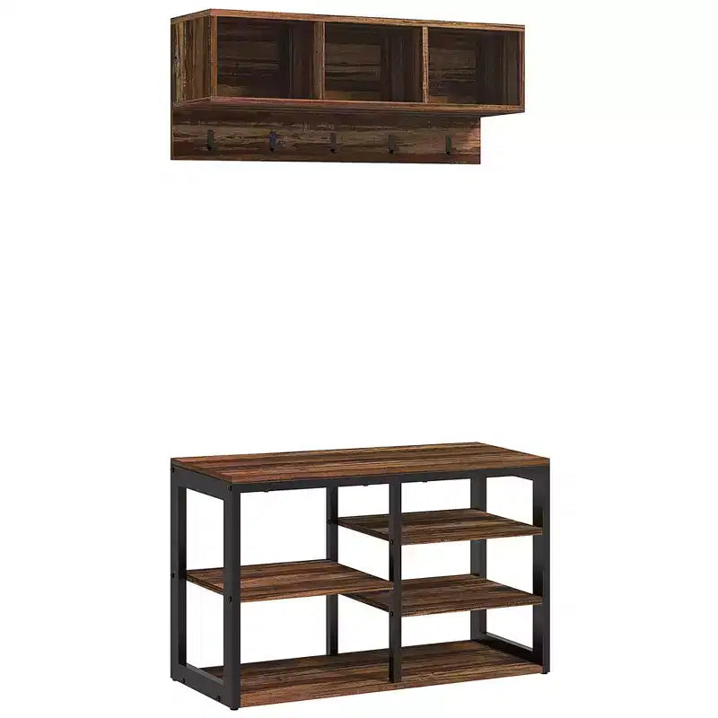 Porte-manteau avec 5 crochets, banc et range-chaussures pour 10 paires de chaussures pour l'entrée, porte-manteau banc à chaussures 2 en 1
