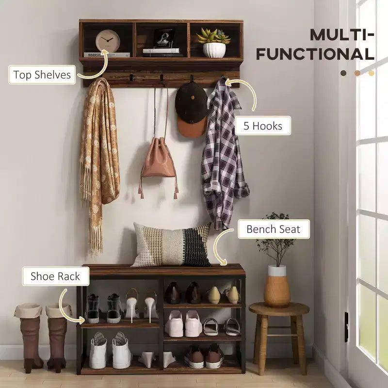 Porte-manteau avec 5 crochets, banc et range-chaussures pour 10 paires de chaussures pour l'entrée, porte-manteau banc à chaussures 2 en 1