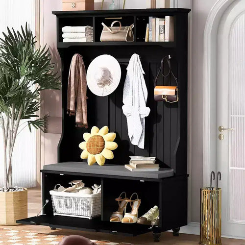 Banc d'entrée de 119 cm de large, portemanteau 4-en-1 avec rangement, 4 crochets et coussin, organisateur de chaussures peu encombrant pour buanderie, noir