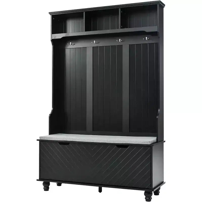 Banc d'entrée de 119 cm de large, portemanteau 4-en-1 avec rangement, 4 crochets et coussin, organisateur de chaussures peu encombrant pour buanderie, noir