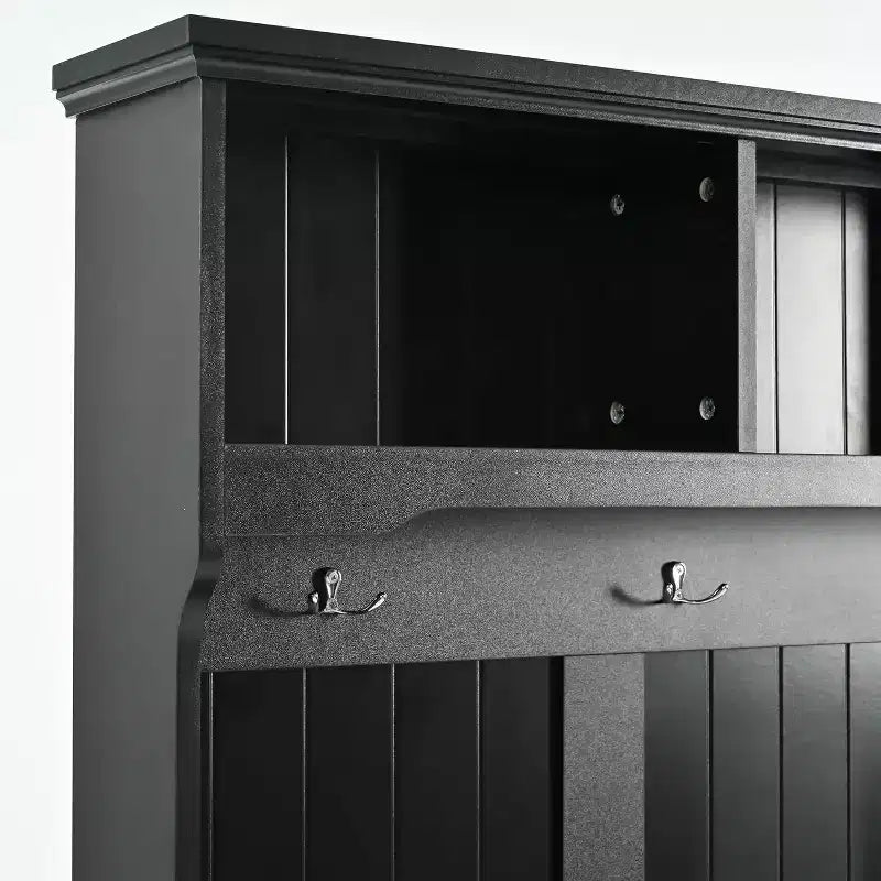 Banc d'entrée de 119 cm de large, portemanteau 4-en-1 avec rangement, 4 crochets et coussin, organisateur de chaussures peu encombrant pour buanderie, noir