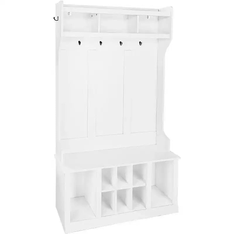 Porte-manteau multifonctionnel, banc d'entrée avec meuble de rangement et 8 casiers à chaussures, inclut une étagère supérieure et 6 patères, design blanc
