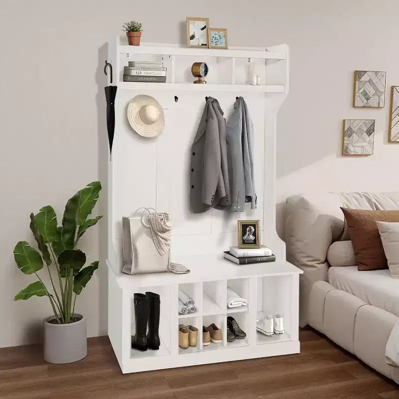 Porte-manteau multifonctionnel, banc d'entrée avec meuble de rangement et 8 casiers à chaussures, inclut une étagère supérieure et 6 patères, design blanc
