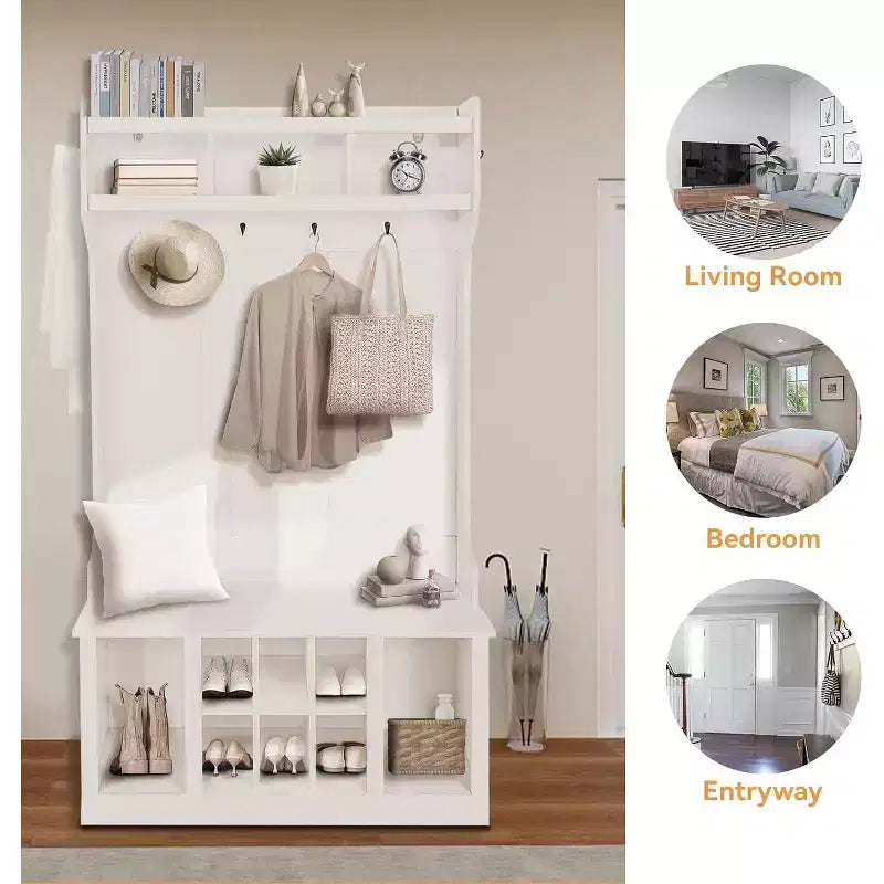 Porte-manteau multifonctionnel, banc d'entrée avec meuble de rangement et 8 casiers à chaussures, inclut une étagère supérieure et 6 patères, design blanc