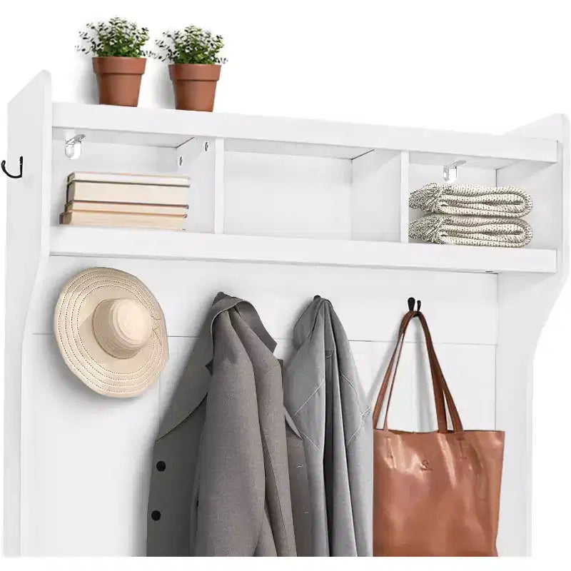 Porte-manteau multifonctionnel, banc d'entrée avec meuble de rangement et 8 casiers à chaussures, inclut une étagère supérieure et 6 patères, design blanc