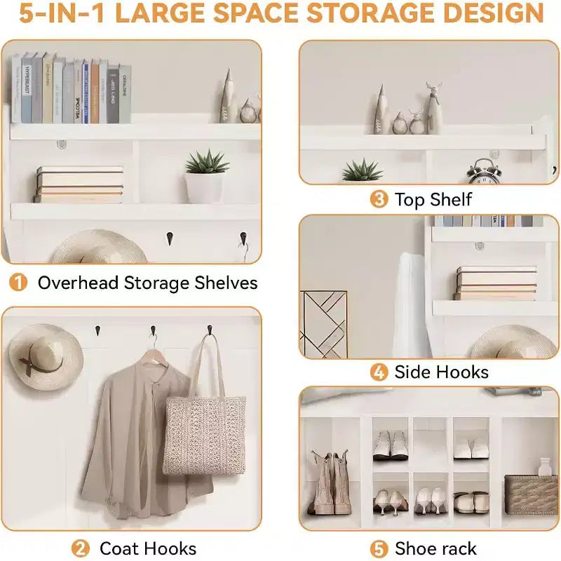 Porte-manteau multifonctionnel, banc d'entrée avec meuble de rangement et 8 casiers à chaussures, inclut une étagère supérieure et 6 patères, design blanc