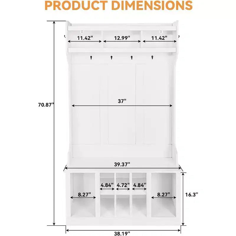 Porte-manteau multifonctionnel, banc d'entrée avec meuble de rangement et 8 casiers à chaussures, inclut une étagère supérieure et 6 patères, design blanc