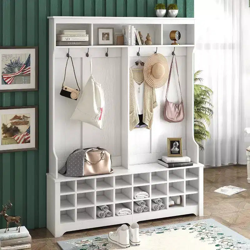 Porte-manteau gain de place, porte-manteau de 152 cm avec crochets en métal et 24 casiers à chaussures, banc d'entrée pour l'organisation de la maison