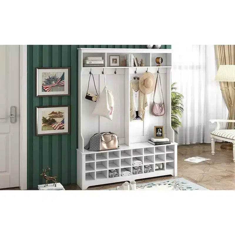 Porte-manteau gain de place, porte-manteau de 152 cm avec crochets en métal et 24 casiers à chaussures, banc d'entrée pour l'organisation de la maison