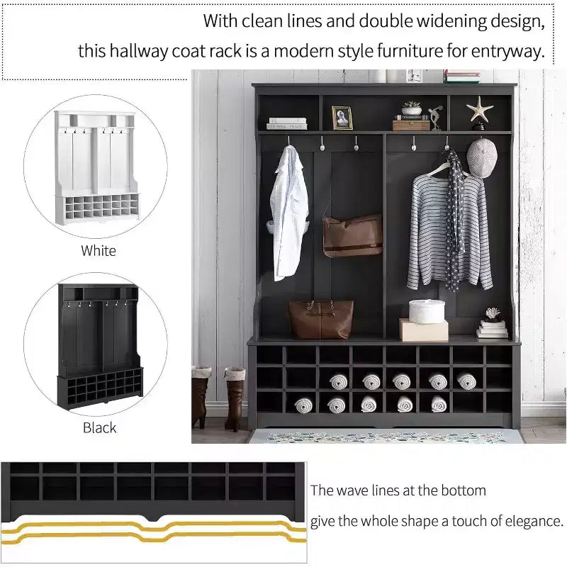 Porte-manteau gain de place, porte-manteau de 152 cm avec crochets en métal et 24 casiers à chaussures, banc d'entrée pour l'organisation de la maison