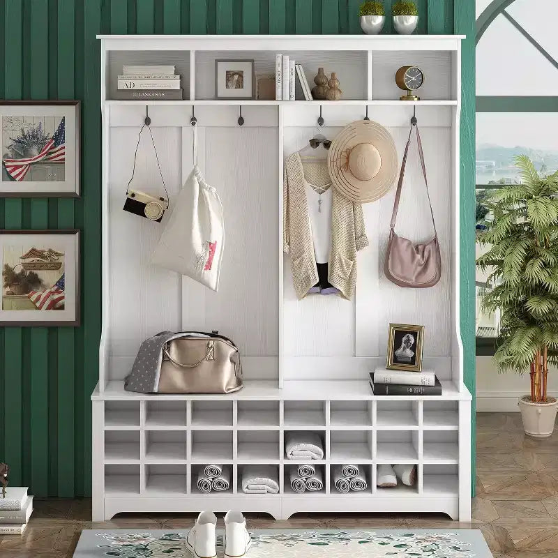 Porte-manteau gain de place, porte-manteau de 152 cm avec crochets en métal et 24 casiers à chaussures, banc d'entrée pour l'organisation de la maison