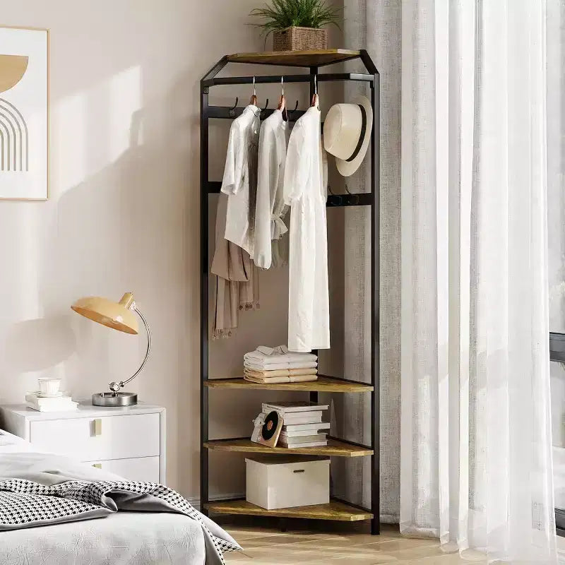Porte-manteau d'angle à plusieurs niveaux, Arbre d'entrée avec rangement à chaussures et 12 crochets, Étagères à 3 niveaux pour les espaces compacts dans la chambre/le salon