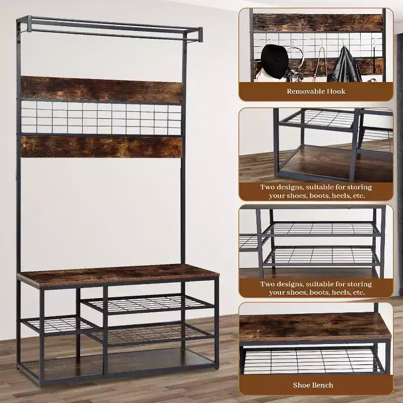 Porte-manteau d'entrée moderne de 39,9 po avec étagères de rangement et cadre robuste, porte-manteau autoportant pour salon/chambre/entrée