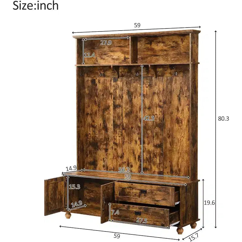 Porte-manteau moderne avec banc de rangement, patère d'entrée avec 5 crochets et 2 grands tiroirs, meuble à chaussures marron rustique pour buanderie, salon, chambre