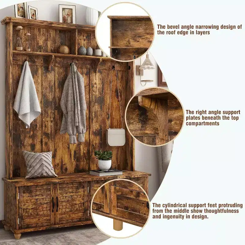 Porte-manteau moderne avec banc de rangement, patère d'entrée avec 5 crochets et 2 grands tiroirs, meuble à chaussures marron rustique pour buanderie, salon, chambre
