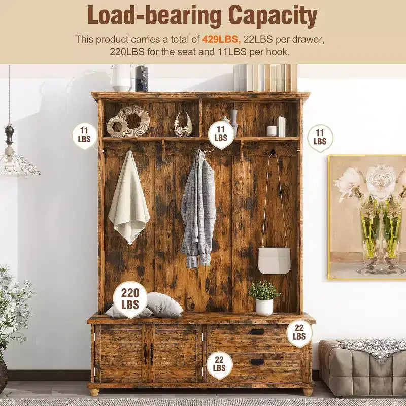 Porte-manteau moderne avec banc de rangement, patère d'entrée avec 5 crochets et 2 grands tiroirs, meuble à chaussures marron rustique pour buanderie, salon, chambre