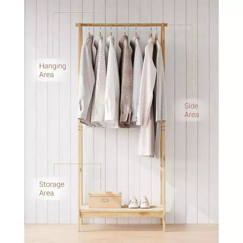Portant à vêtements avec étagère de rangement, Portant à vêtements autoportant en bambou pour chambre à coucher, balcon, magasin de vêtements, Organiseur de rangement de vêtements, Bois
