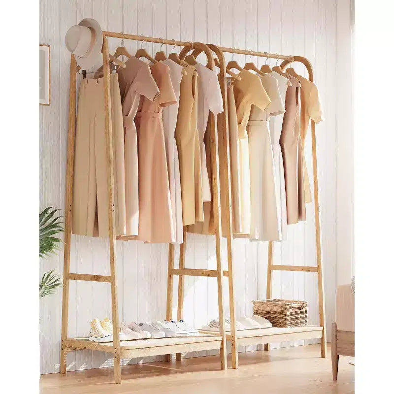 Portant à vêtements avec étagère de rangement, Portant à vêtements autoportant en bambou pour chambre à coucher, balcon, magasin de vêtements, Organiseur de rangement de vêtements, Bois