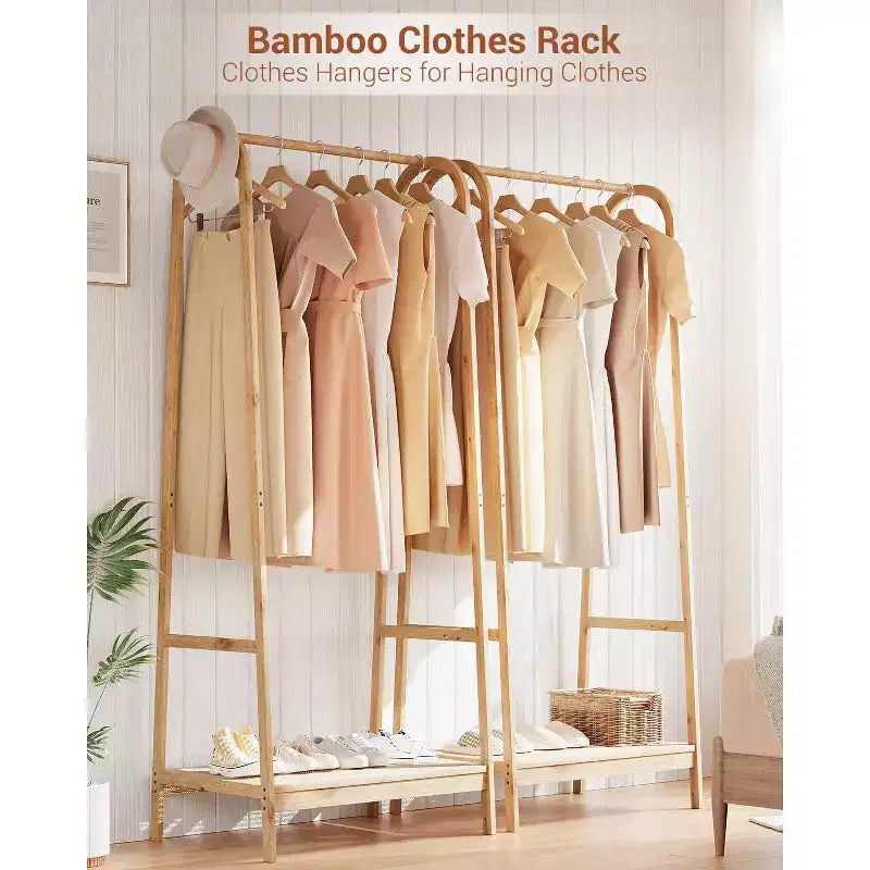 Portant à vêtements avec étagère de rangement, Portant à vêtements autoportant en bambou pour chambre à coucher, balcon, magasin de vêtements, Organiseur de rangement de vêtements, Bois